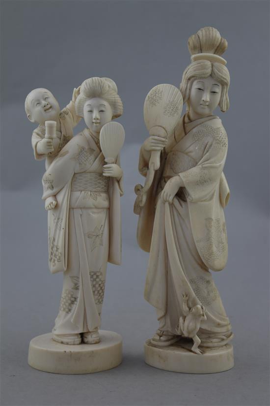 Two Japanese ivory groups of bijin, early 20th century, 19cm.